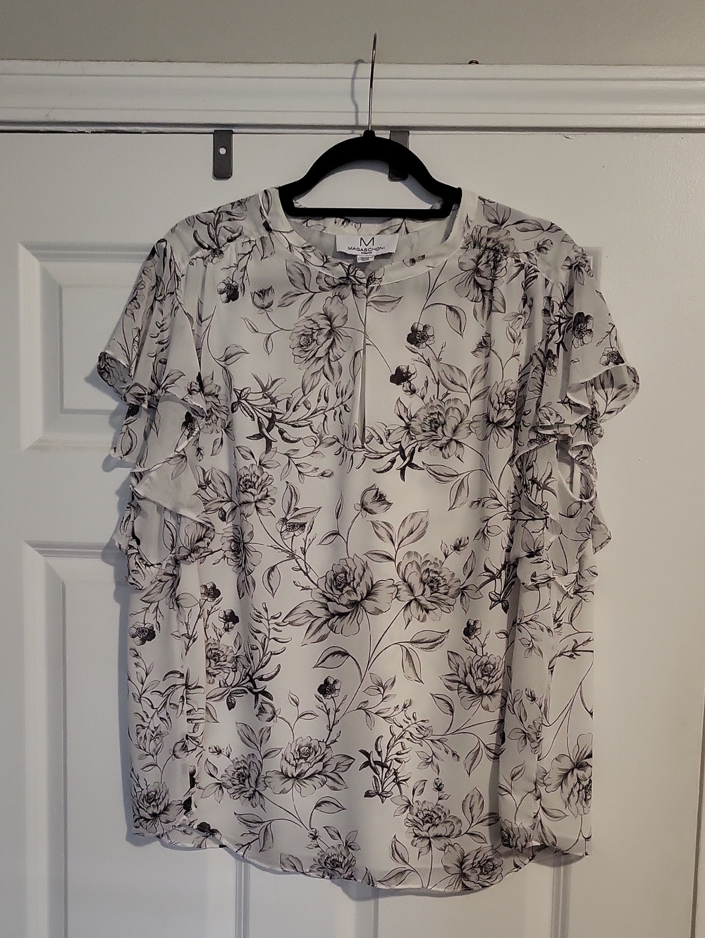 Magaschoni White Blouse with Black Floral Print and Ruffle Sleeves
